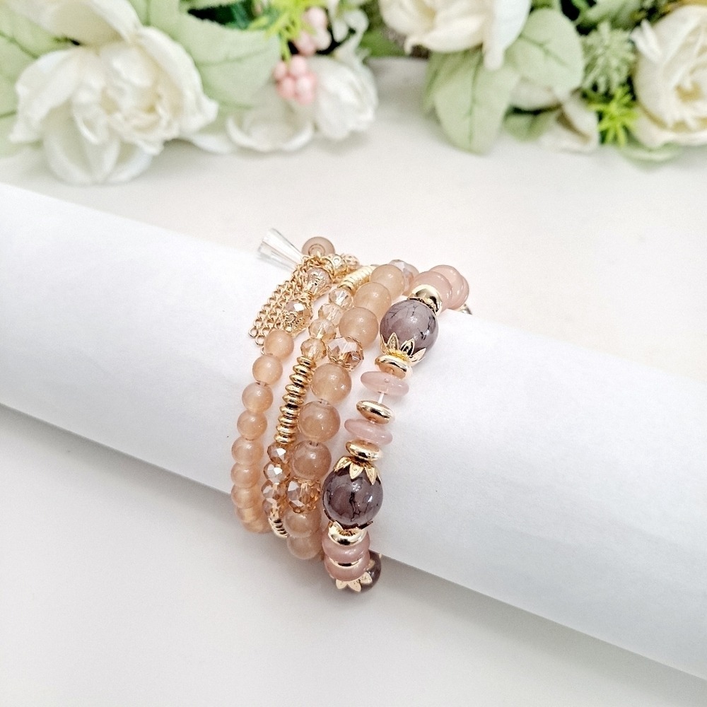 Boho Elastic Beaded gold pink Charm Bracelet Stretch multilayer set 💖2/$30 - Picture 5 of 11